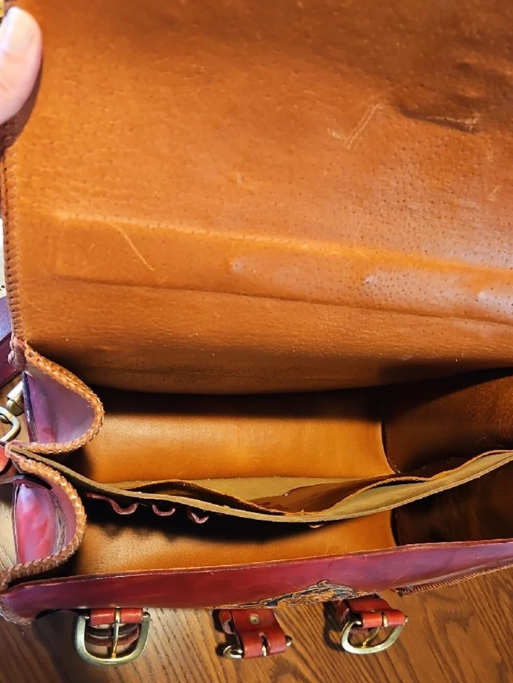 Handcrafted Red Leather Floral Tooled Satchel